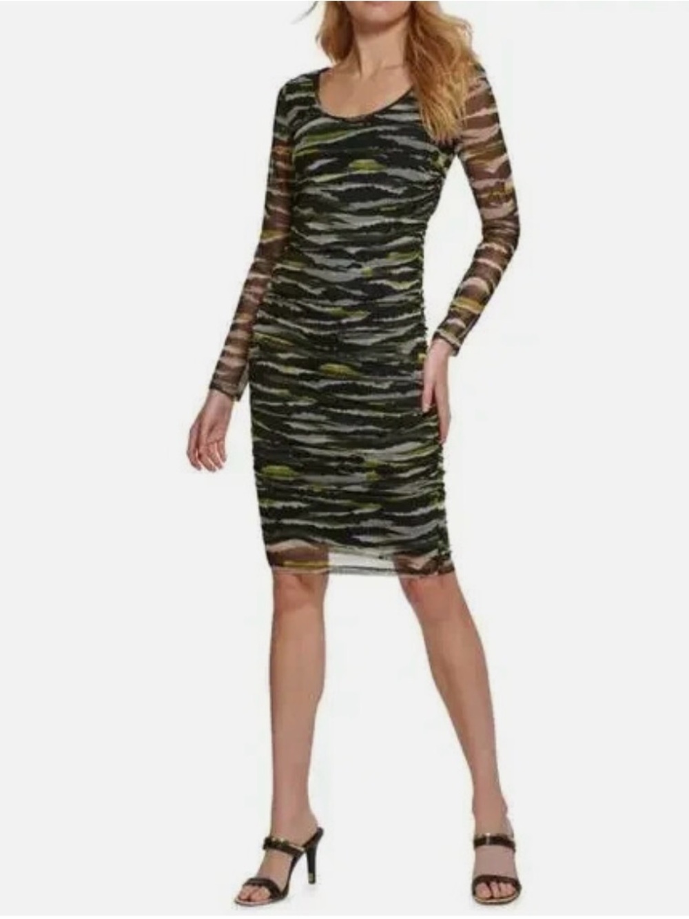 DKNY printed ruched midi scoop long-sleeve mesh dress - new without tags